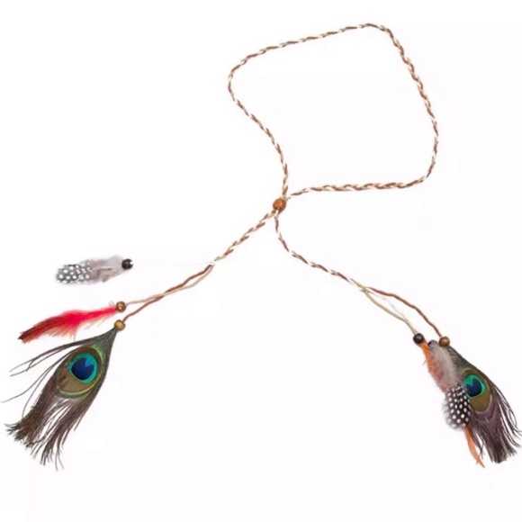 NEW Boho Peacock Feather & Braided Suede Headband - Picture 4 of 5